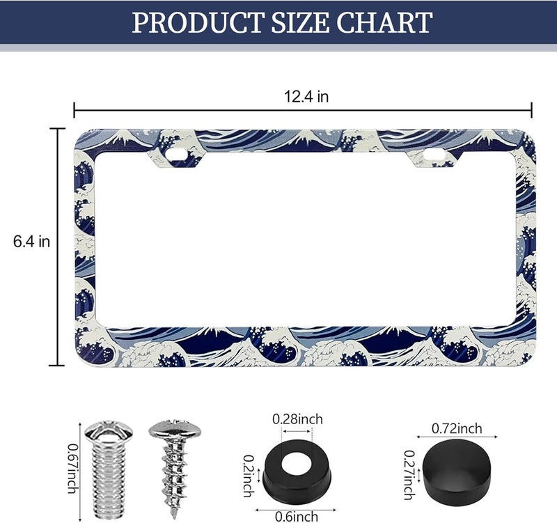 LIN KANG Ocean Waves License Plate Frame - 2 Pack Aluminum License Plate Holder Covers, Metal Car Decorative Tag Frames for Standard US Canada with Screw Caps - Image 2